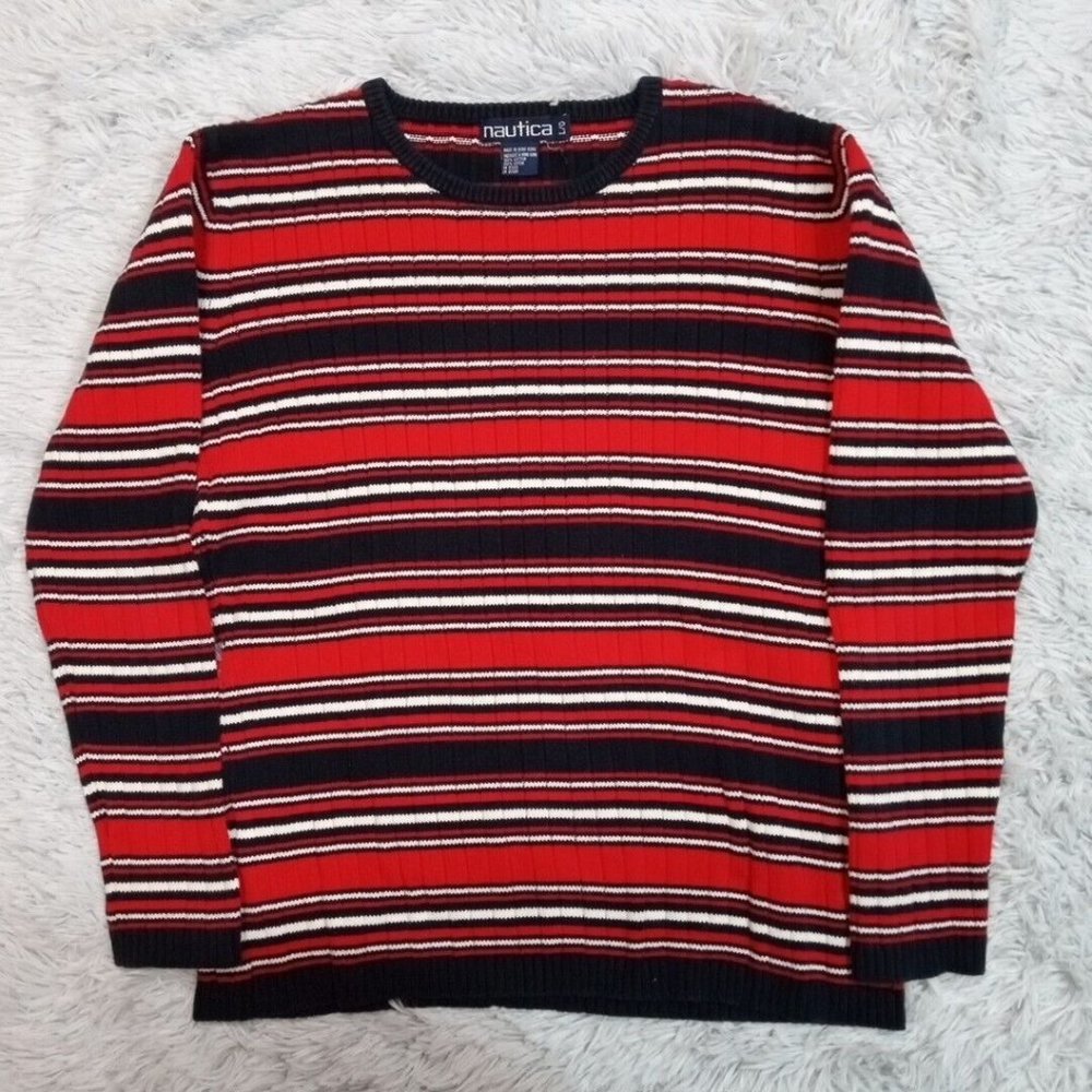 Nautica Womens Sweater Red Large Pullover Sweatshirt‎ Stretch Stripes